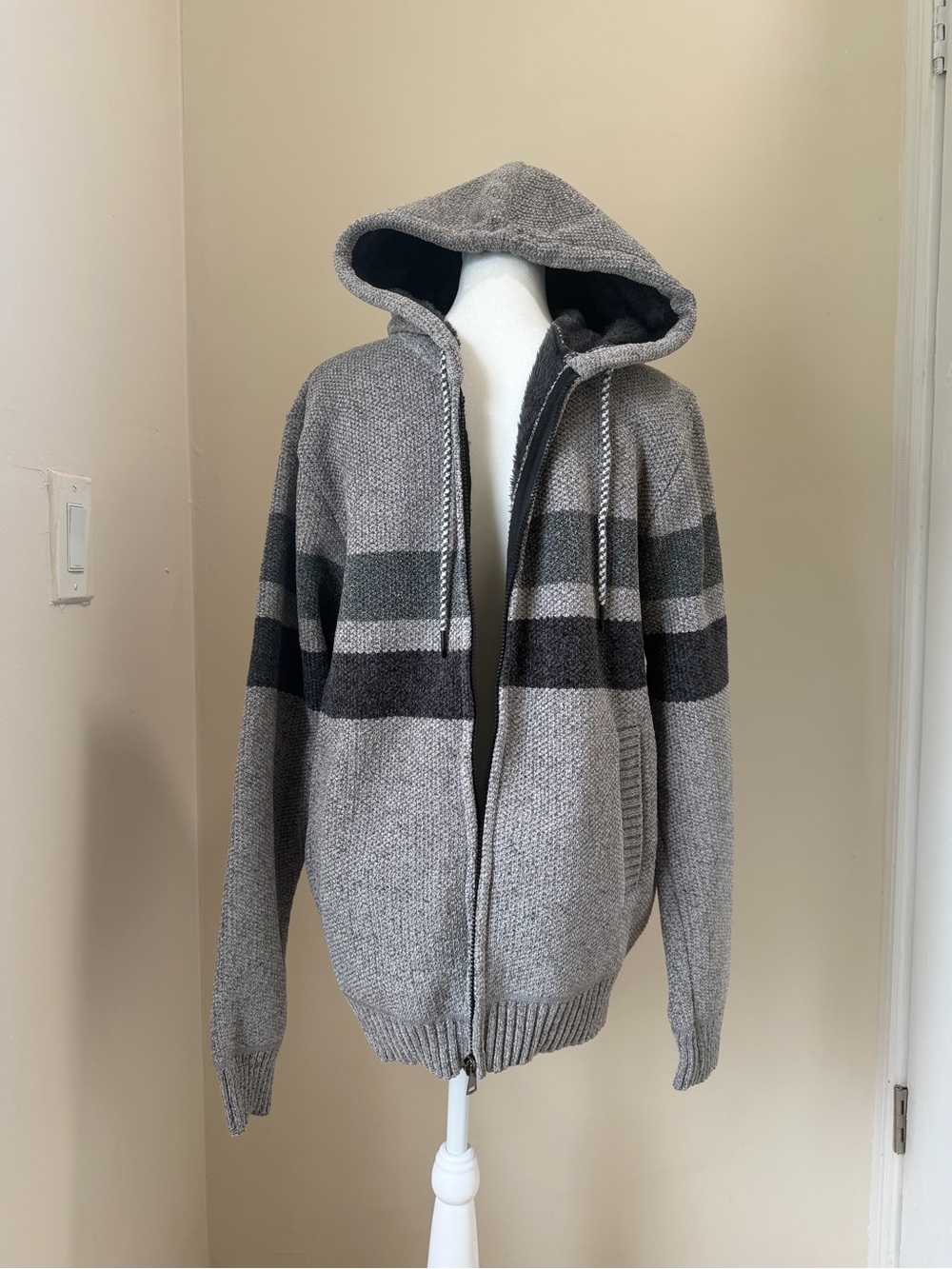 Men's Hooded Zip Sweater in Gray with Stripe Accents